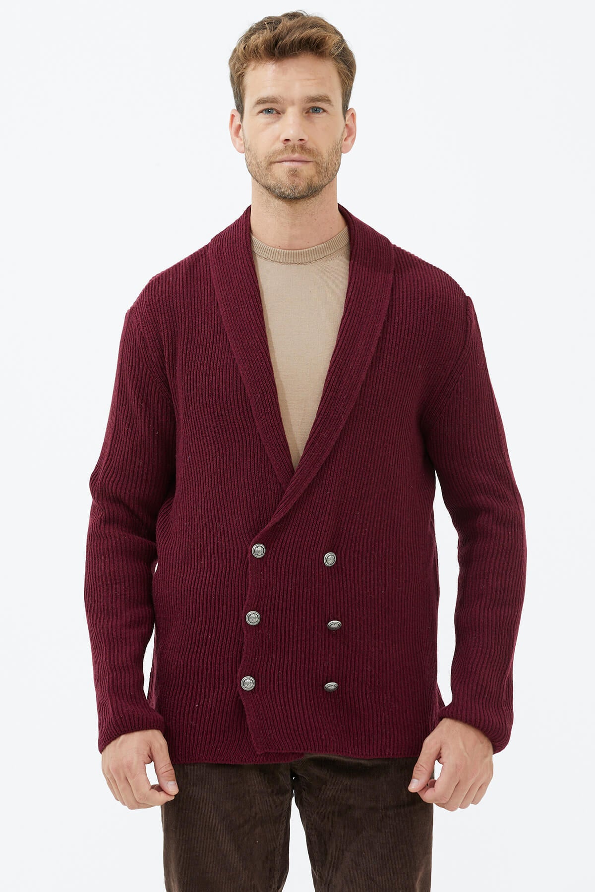 Şal Yaka Düğmeli Triko Hırka - Bordo (1) Sementa