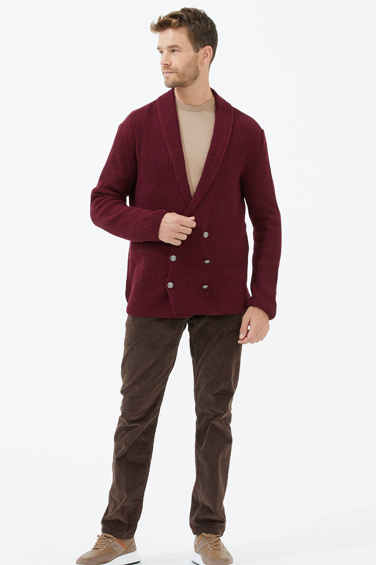 Şal Yaka Düğmeli Triko Hırka - Bordo (2) Sementa