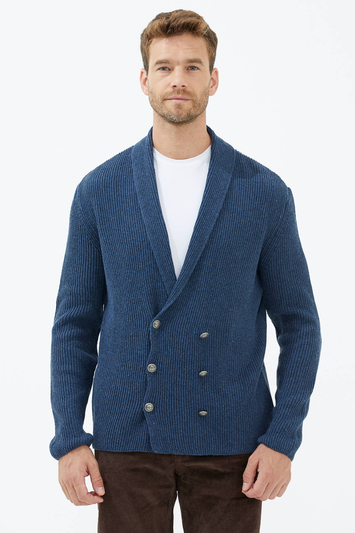 Şal Yaka Düğmeli Triko Hırka - Indigo (2) Sementa