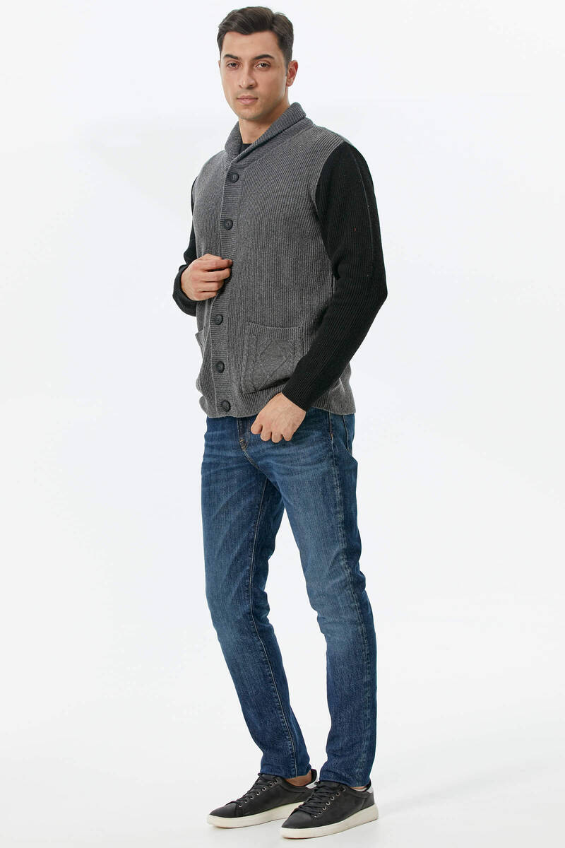 Şal Yaka Düğmeli Triko Hırka - Koyu Gri - Siyah (3) Sementa