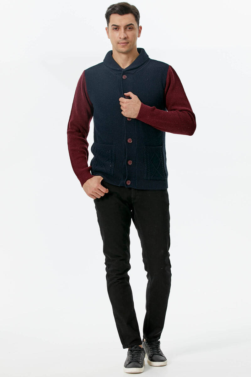 Şal Yaka Düğmeli Triko Hırka - Lacivert - Bordo (1) Sementa