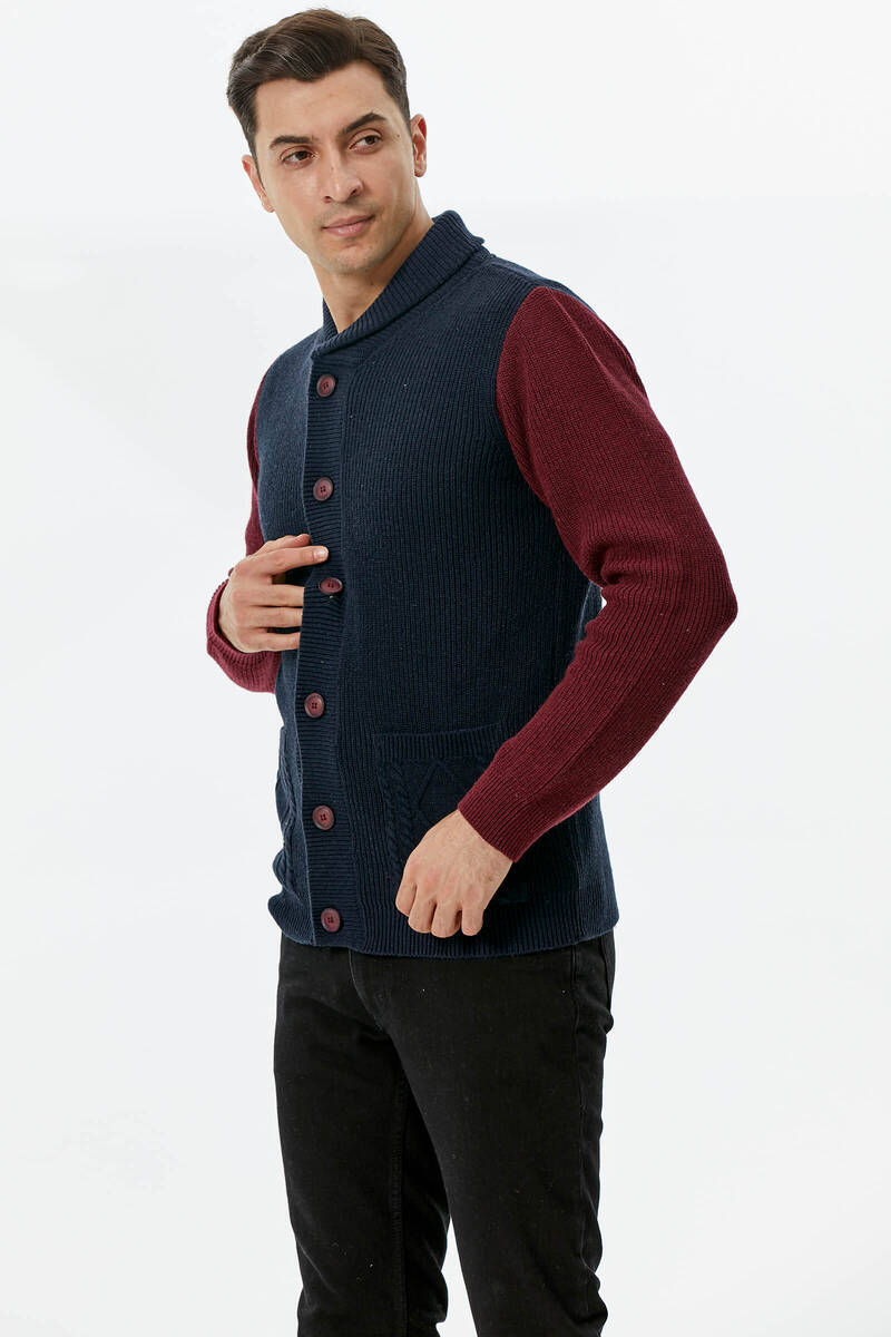 Şal Yaka Düğmeli Triko Hırka - Lacivert - Bordo (2) Sementa