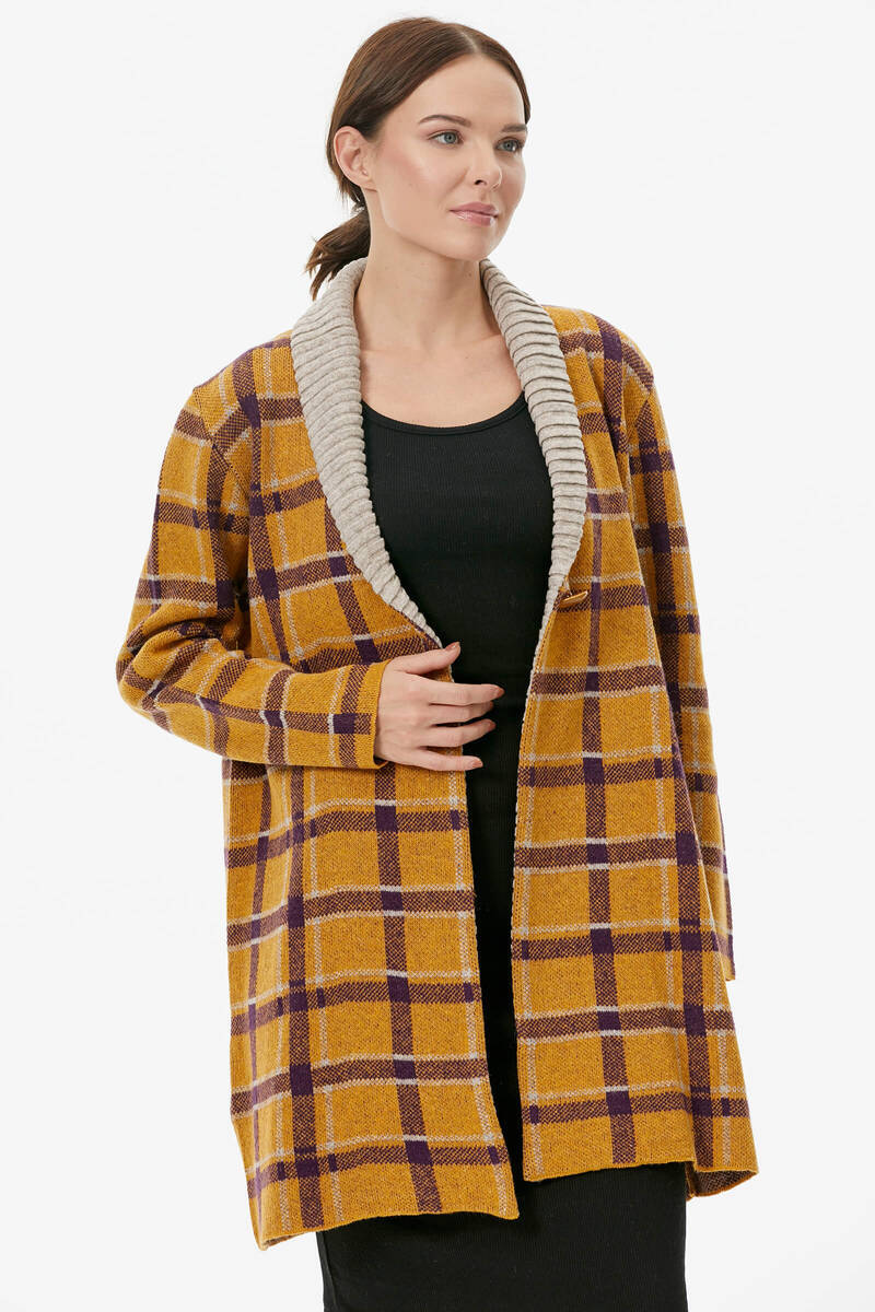 Şal Yaka Ekose Desen Triko Uzun Ceket - Güneş (2) Sementa