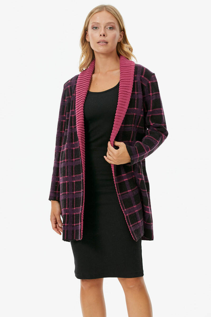 Şal Yaka Ekose Desen Triko Uzun Ceket - Siyah (2) Sementa