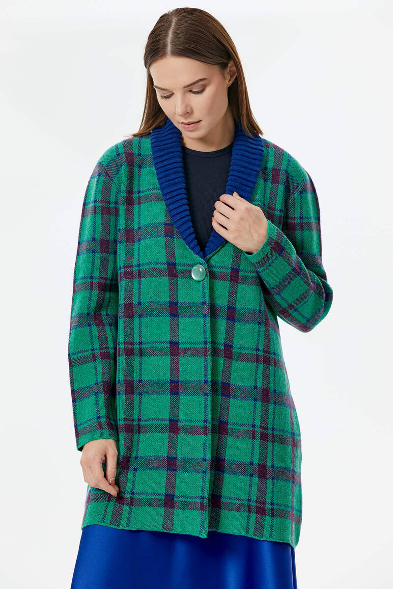 Şal Yaka Ekose Desen Triko Uzun Ceket - Yeşil (1) Sementa