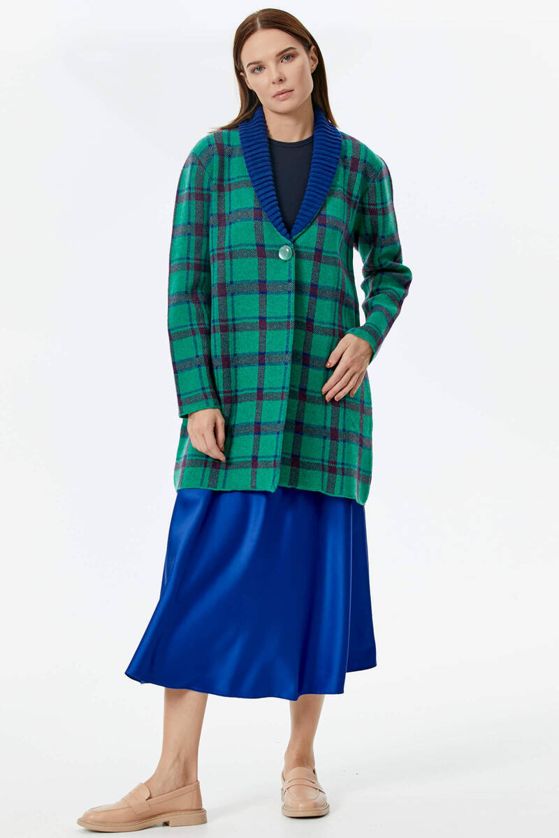 Şal Yaka Ekose Desen Triko Uzun Ceket - Yeşil (2) Sementa