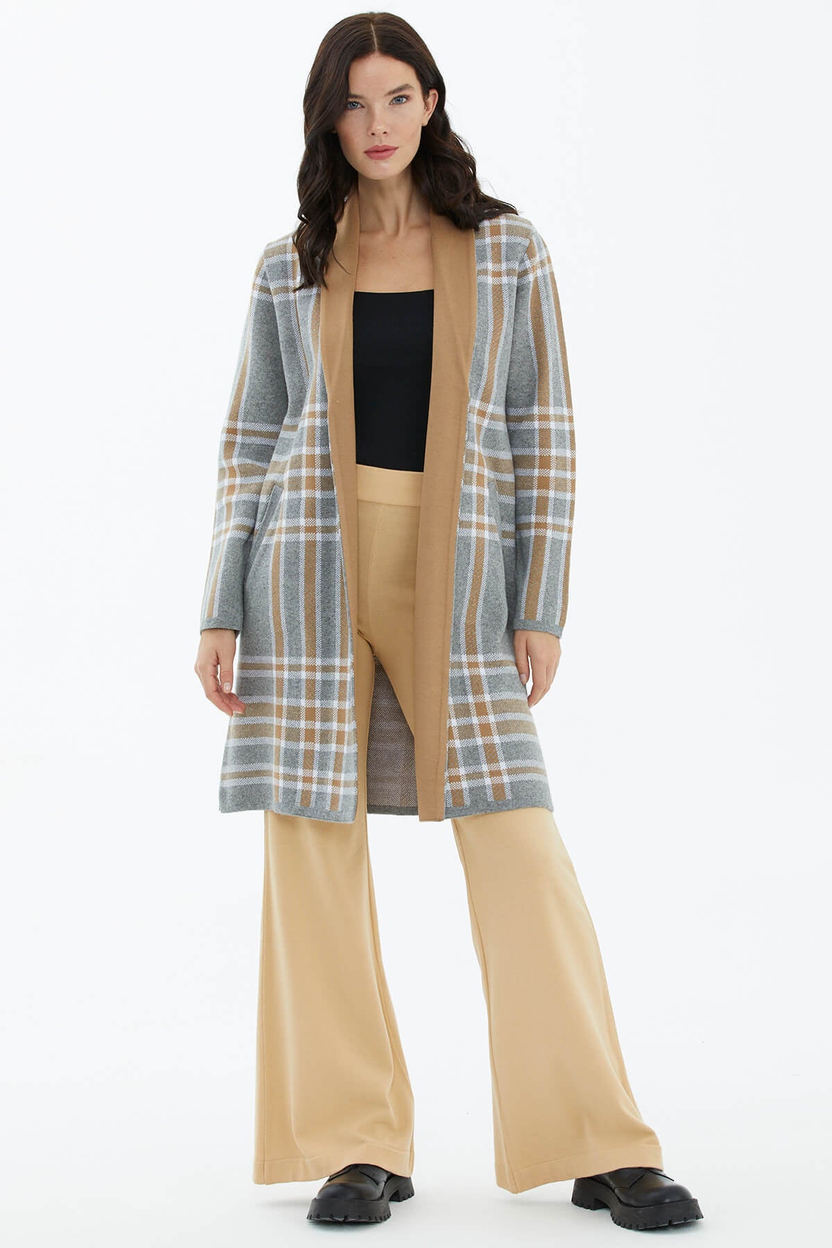 Şal Yaka Ekose Desenli Triko Hırka - Gri (2) Sementa