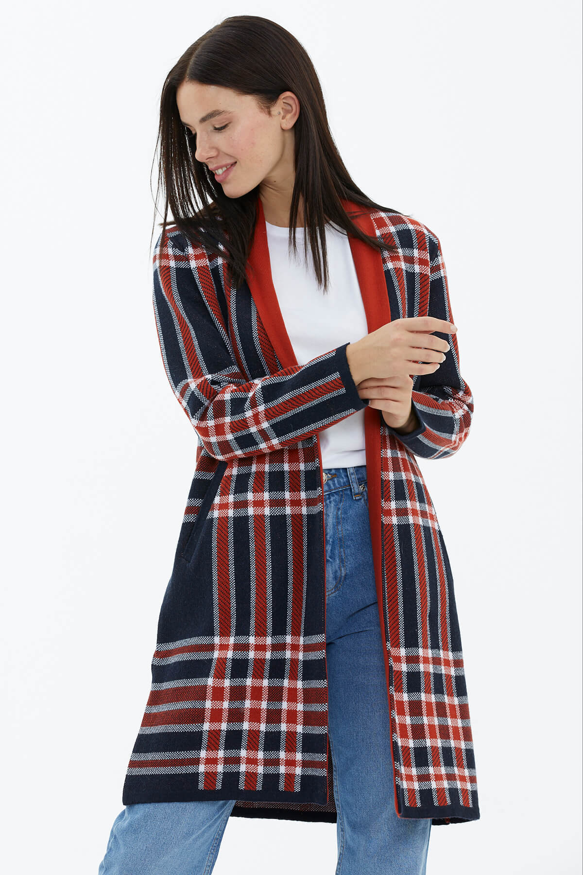 Şal Yaka Ekose Desenli Triko Hırka - Lacivert (1) Sementa