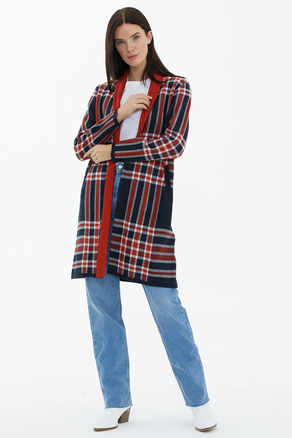 Şal Yaka Ekose Desenli Triko Hırka - Lacivert (2) Sementa