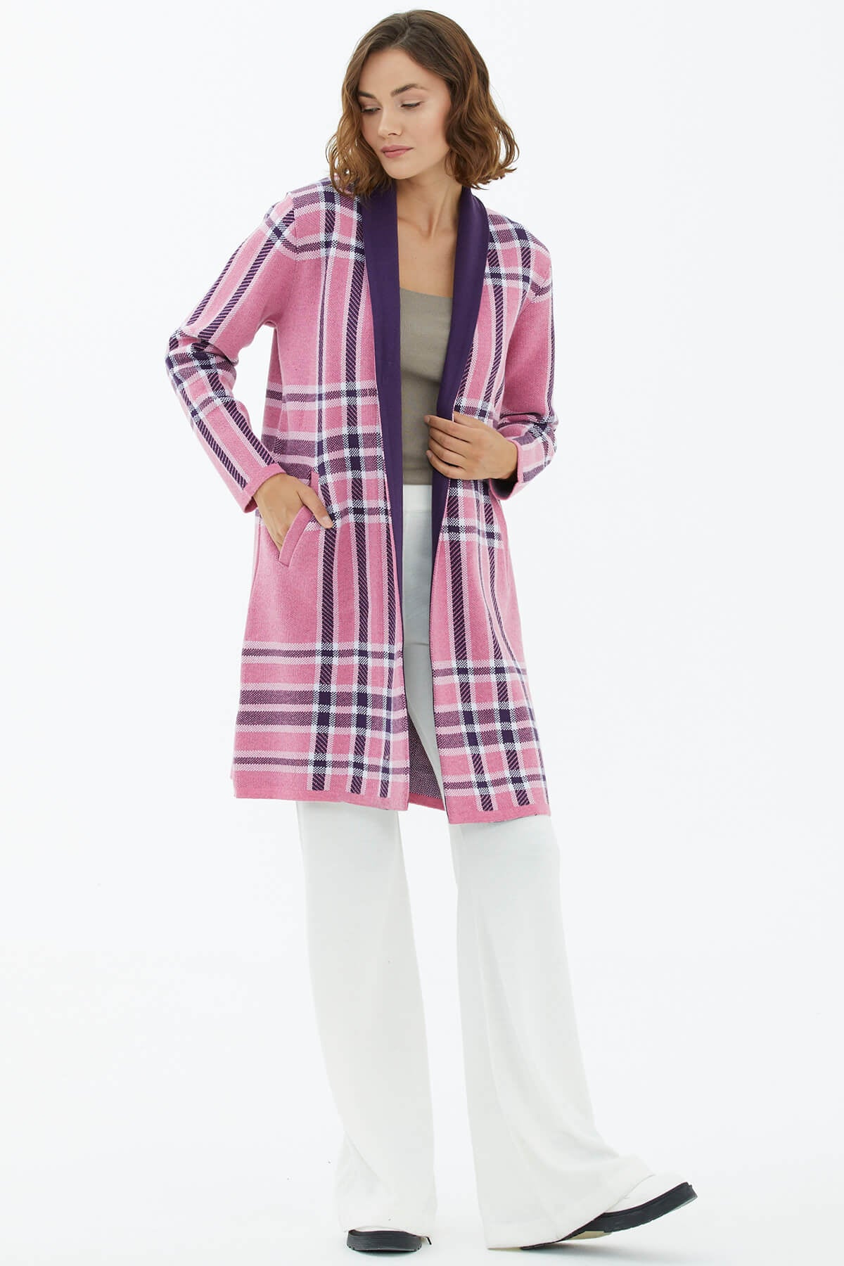 Şal Yaka Ekose Desenli Triko Hırka - Pembe (2) Sementa