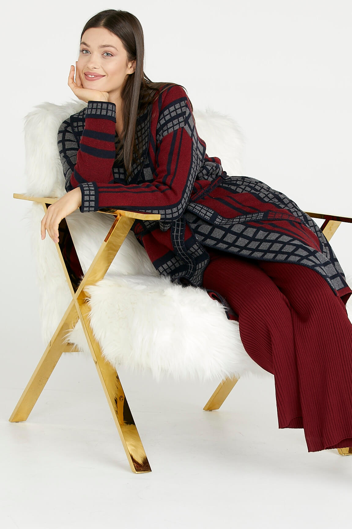 Şal Yaka Kuşaklı Uzun Triko Hırka - Bordo (1) Sementa