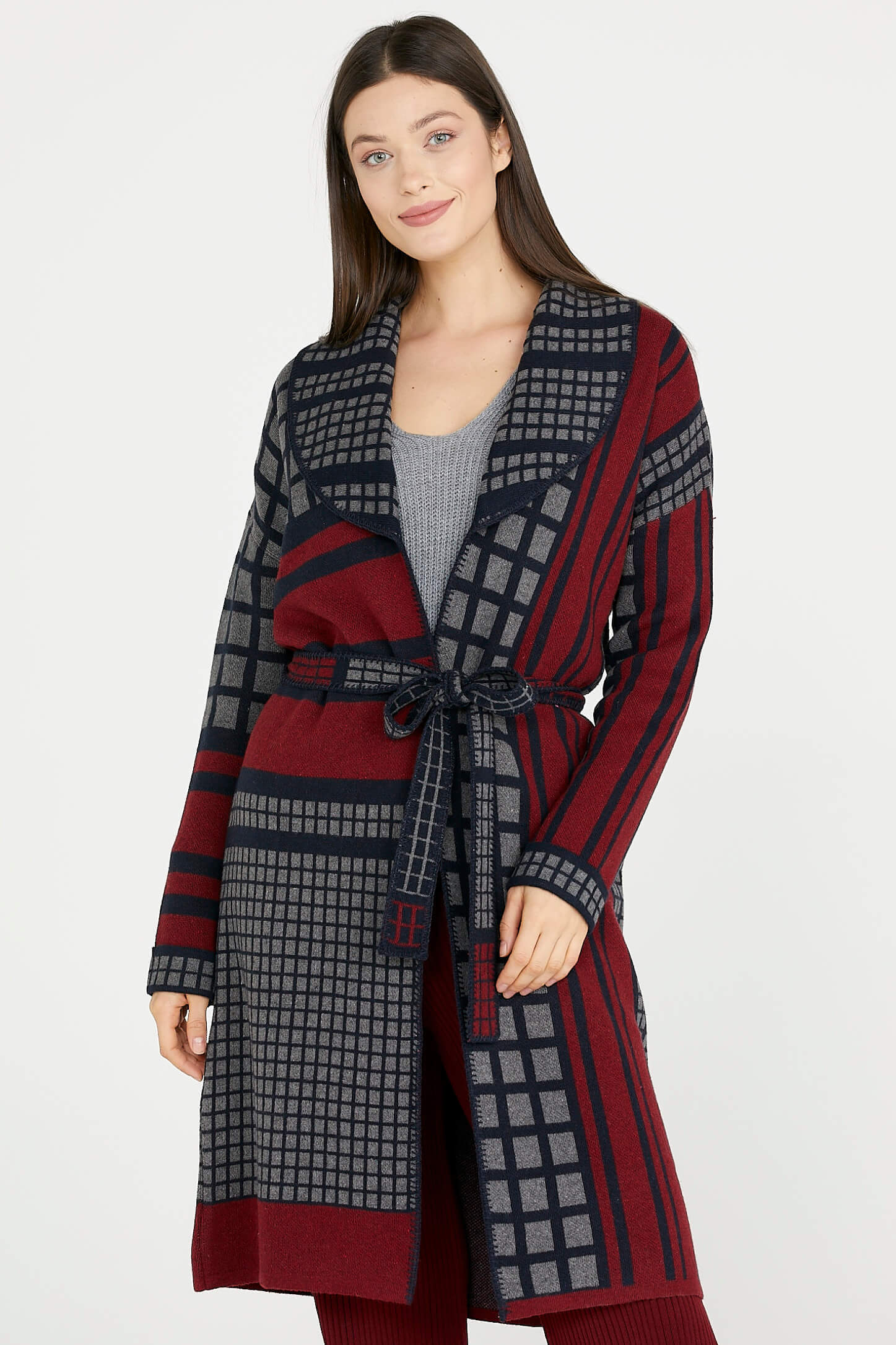 Şal Yaka Kuşaklı Uzun Triko Hırka - Bordo (2) Sementa