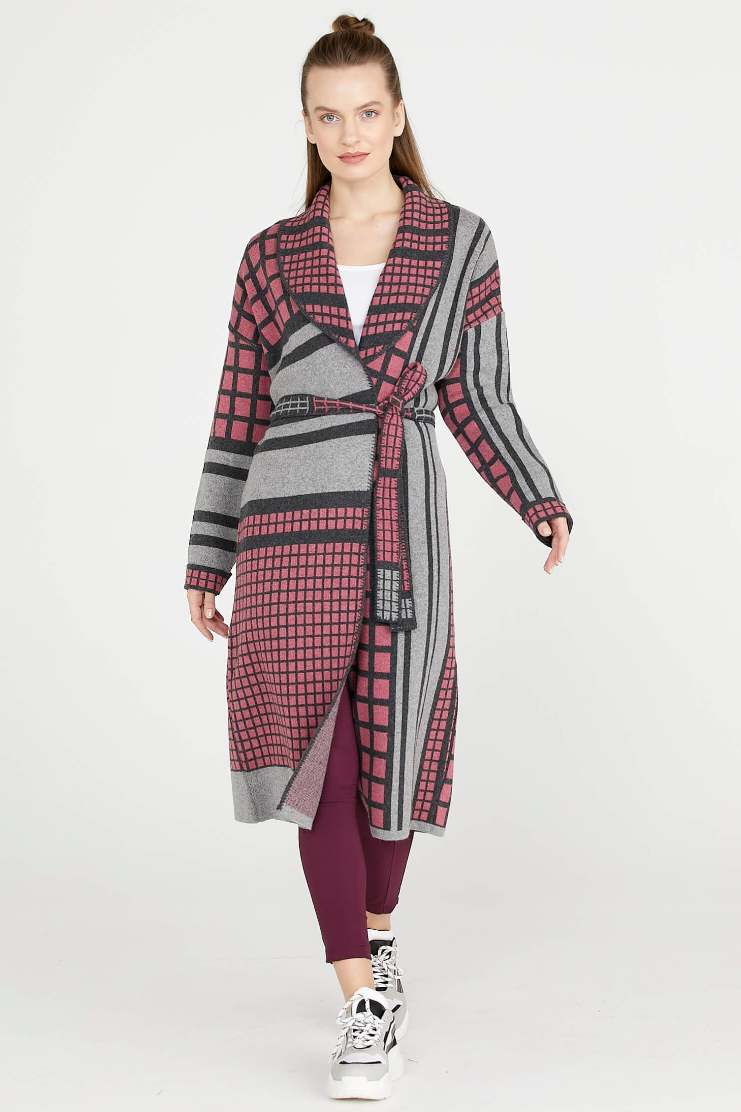 Şal Yaka Kuşaklı Uzun Triko Hırka - Orta Gri (1) Sementa