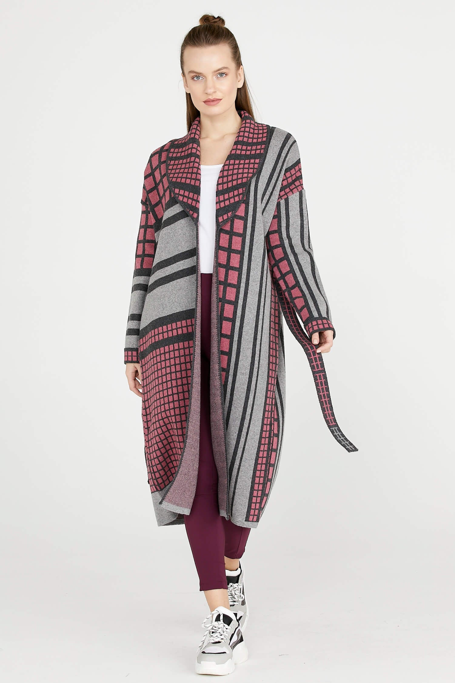 Şal Yaka Kuşaklı Uzun Triko Hırka - Orta Gri (2) Sementa