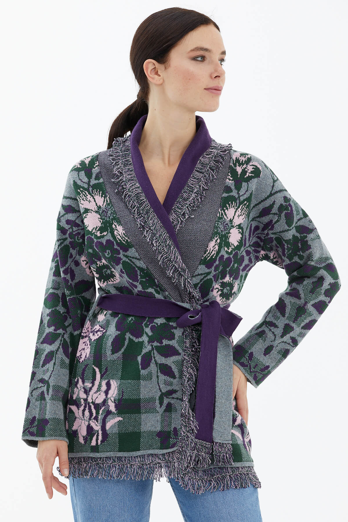 Şal Yaka Püsküllü Çiçek Desenli Triko Hırka - Gri (1) Sementa