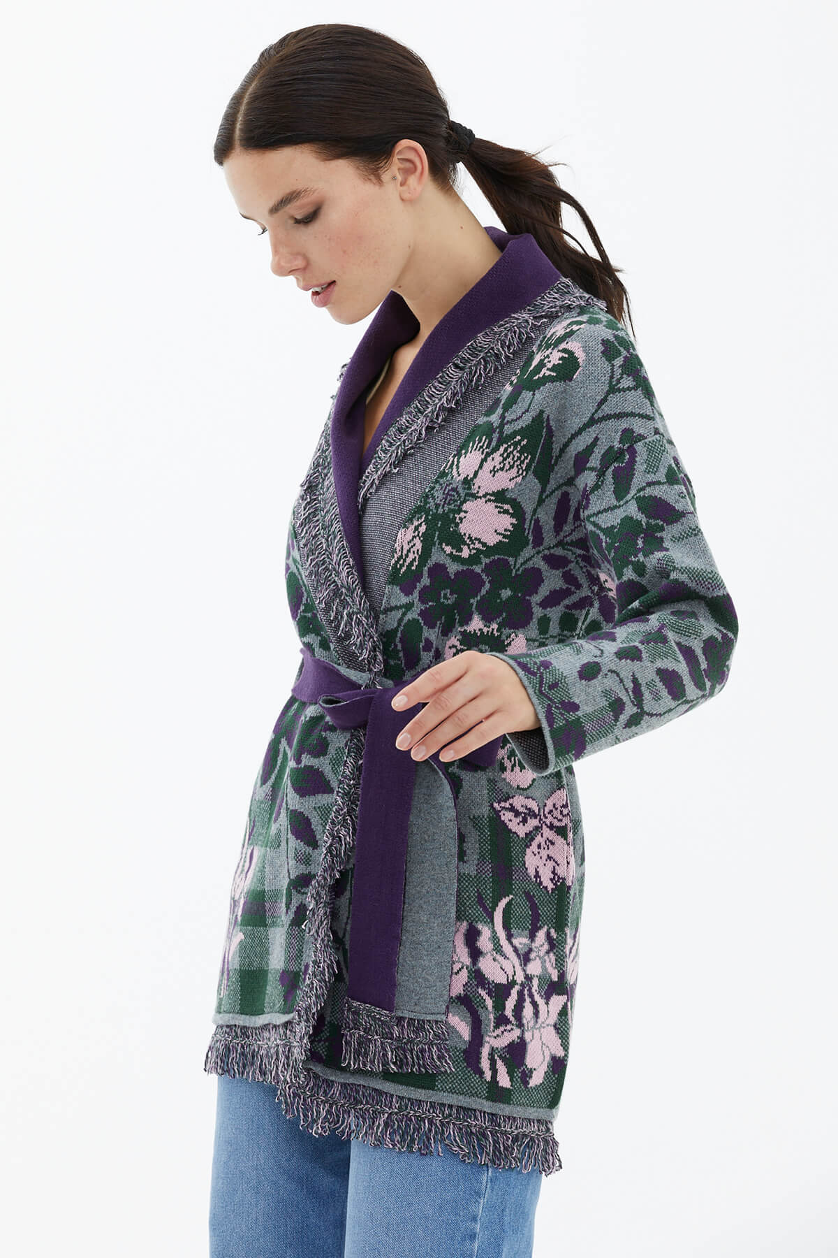 Şal Yaka Püsküllü Çiçek Desenli Triko Hırka - Gri (2) Sementa