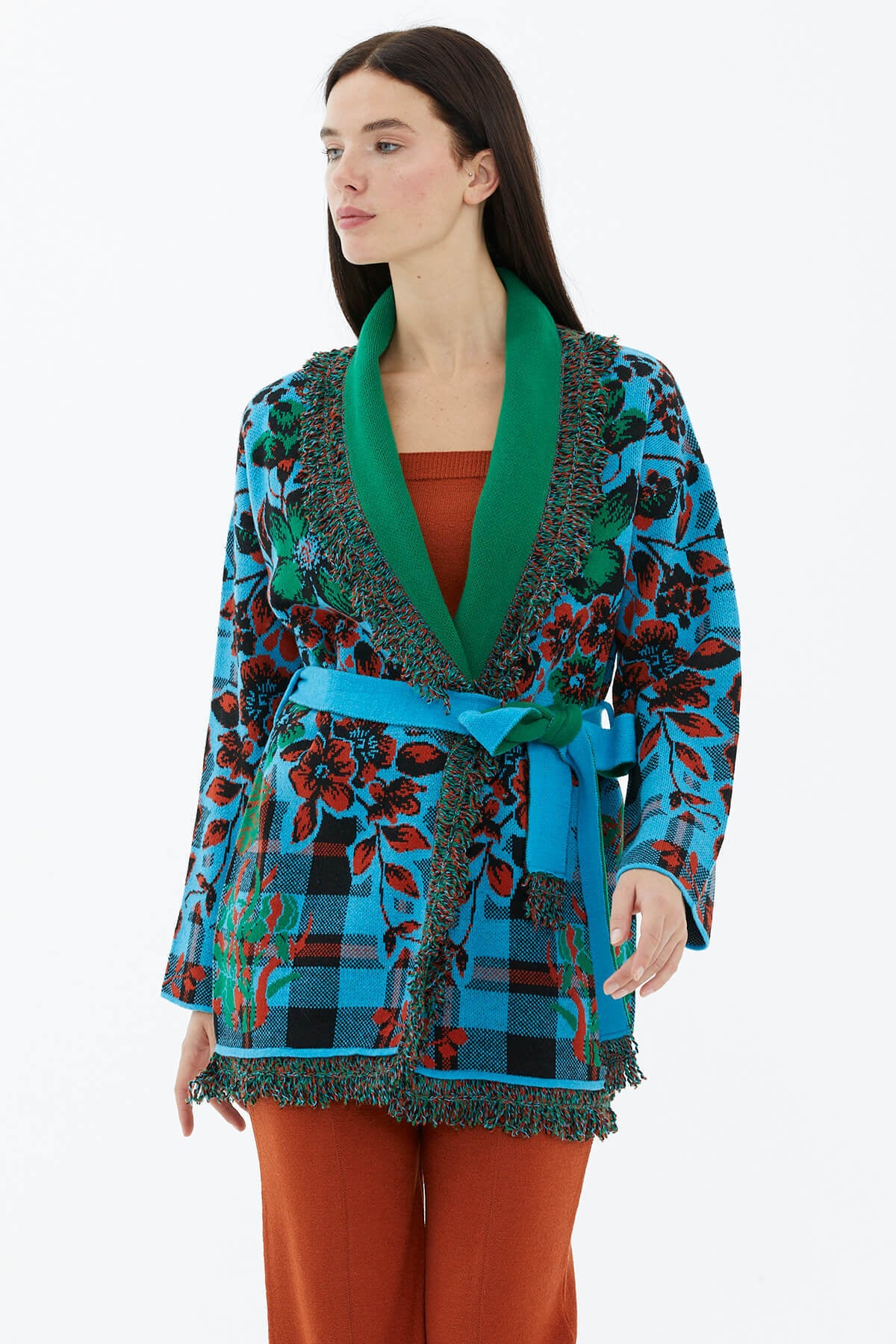 Şal Yaka Püsküllü Çiçek Desenli Triko Hırka - Turkuaz (1) Sementa