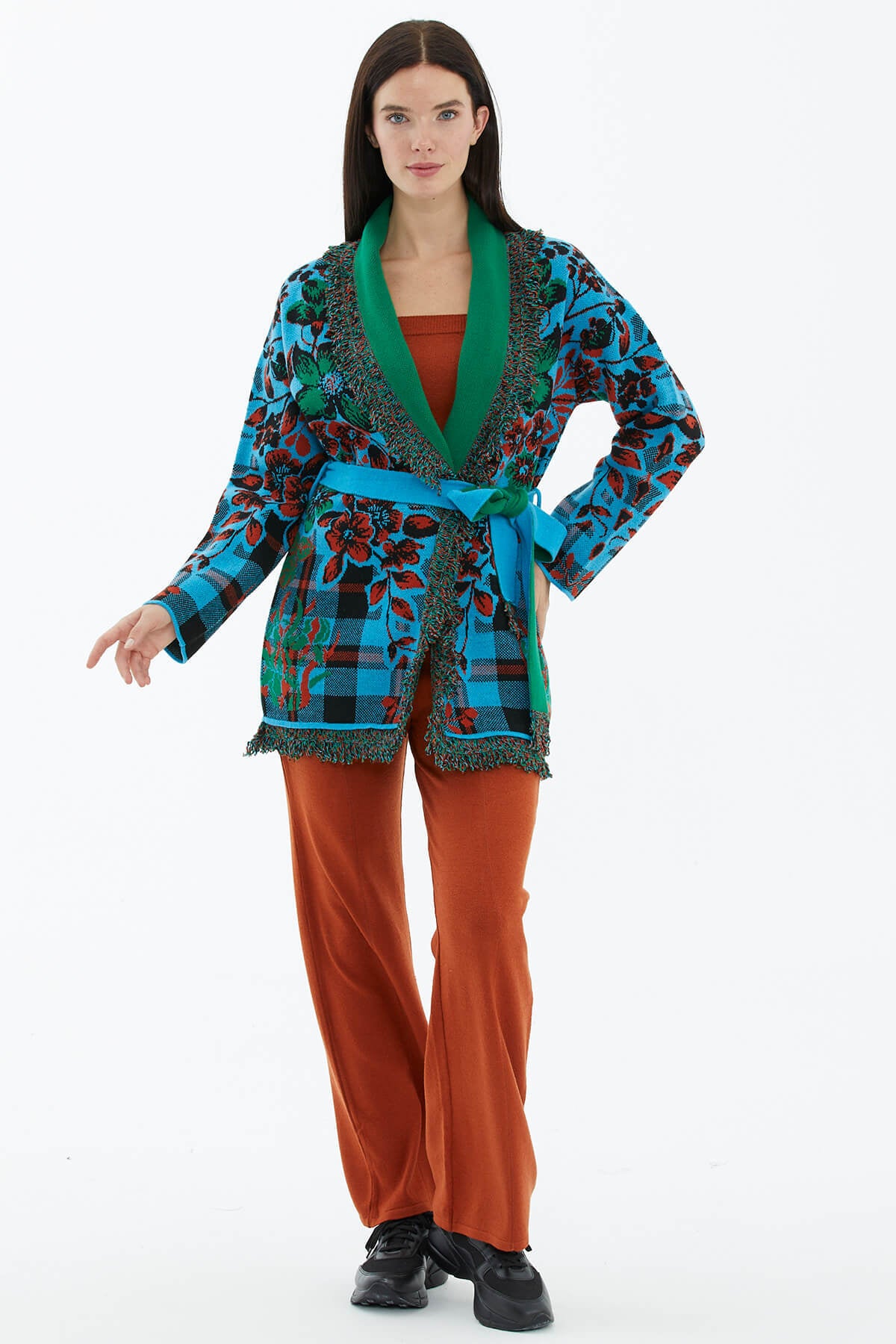 Şal Yaka Püsküllü Çiçek Desenli Triko Hırka - Turkuaz (2) Sementa