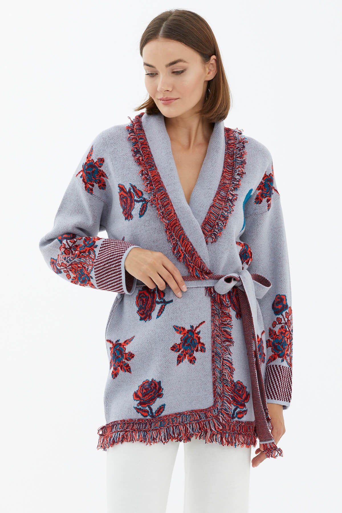 Şal Yaka Püsküllü Gül Desenli Kemerli Triko Hırka - Mavi (2) Sementa