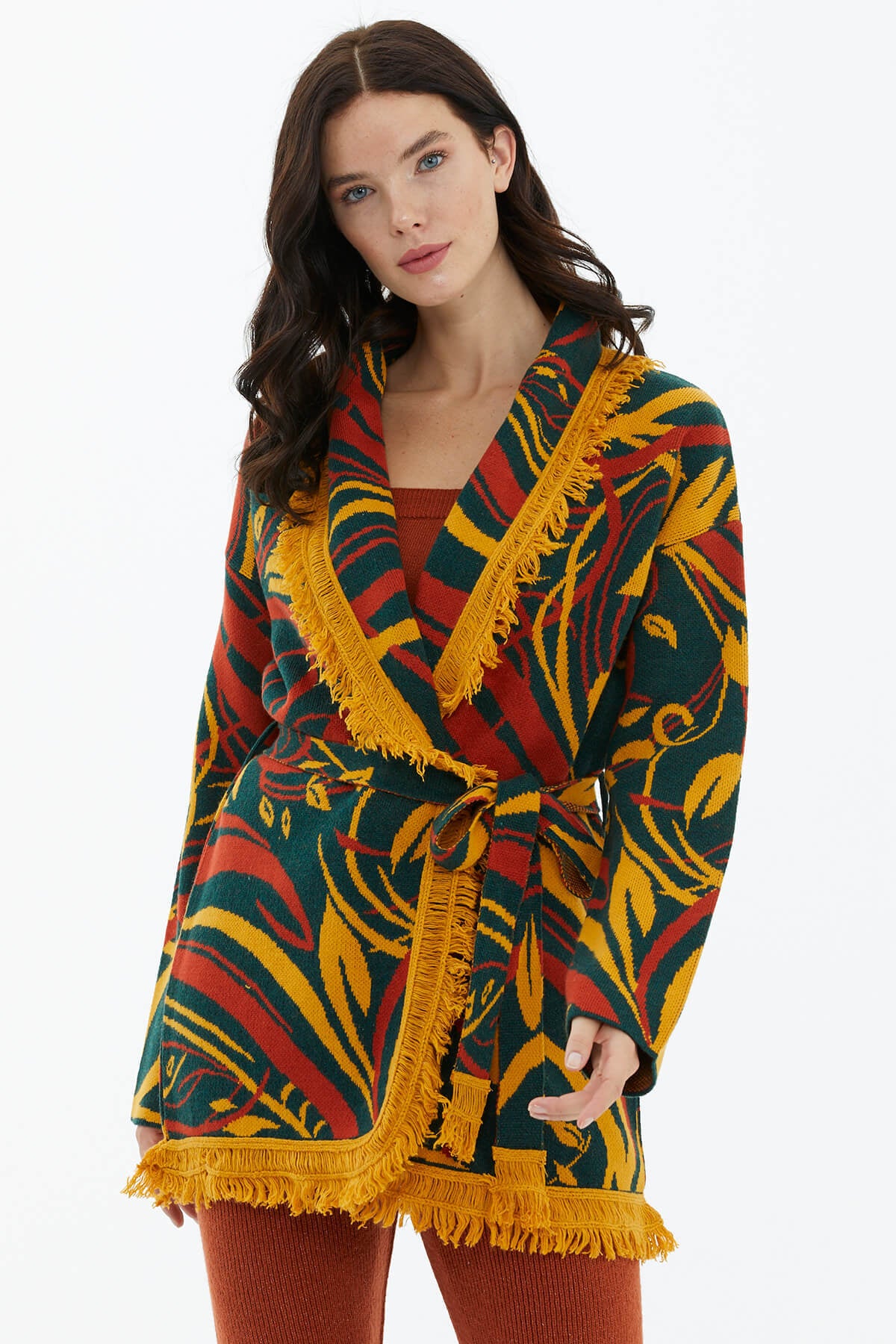 Şal Yaka Püsküllü Kemerli Çizgili Triko Hırka - Koyu Yeşil (2) Sementa