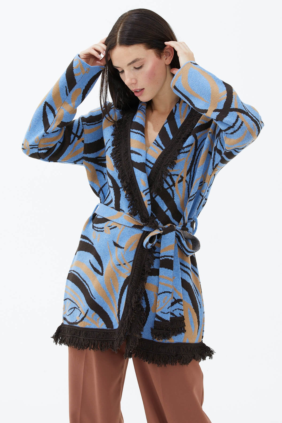 Şal Yaka Püsküllü Kemerli Çizgili Triko Hırka - Mavi (1) Sementa