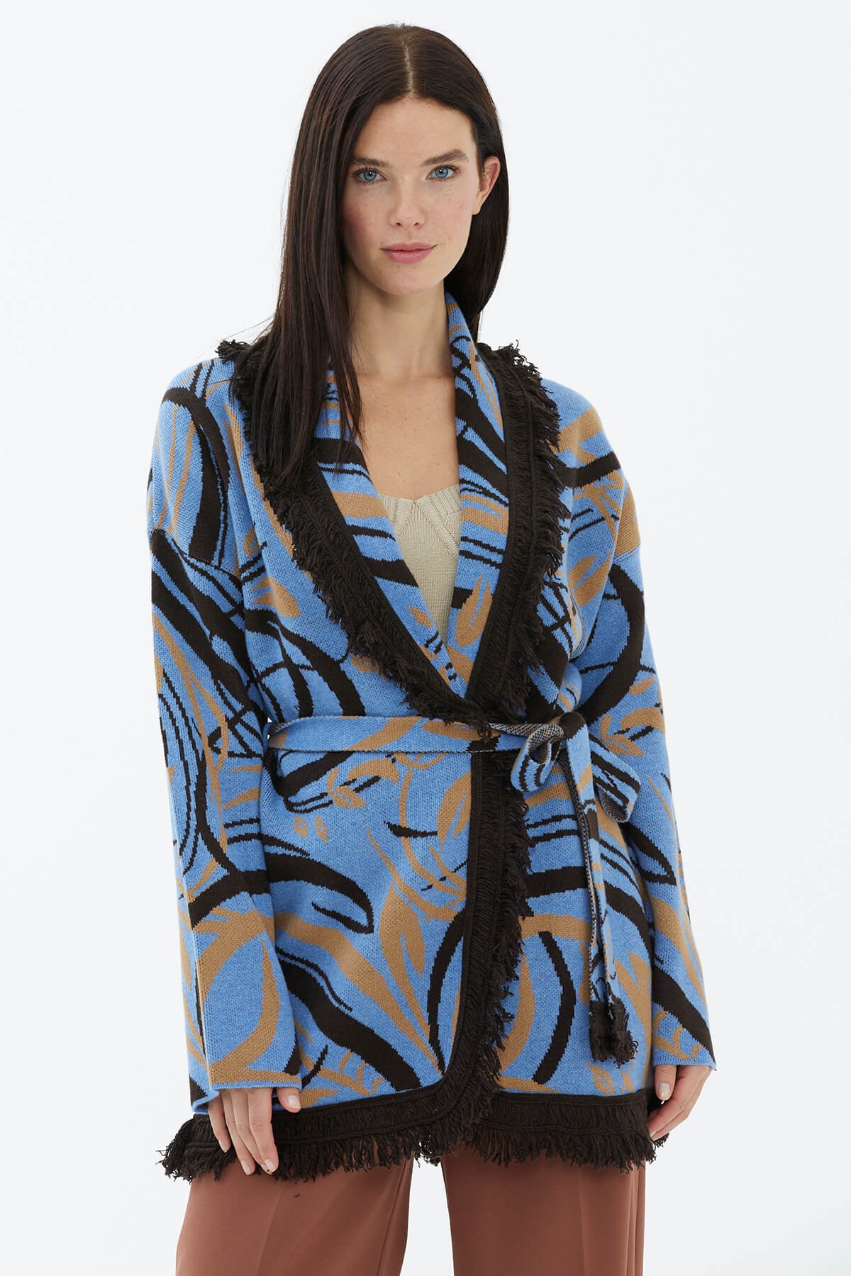 Şal Yaka Püsküllü Kemerli Çizgili Triko Hırka - Mavi (2) Sementa