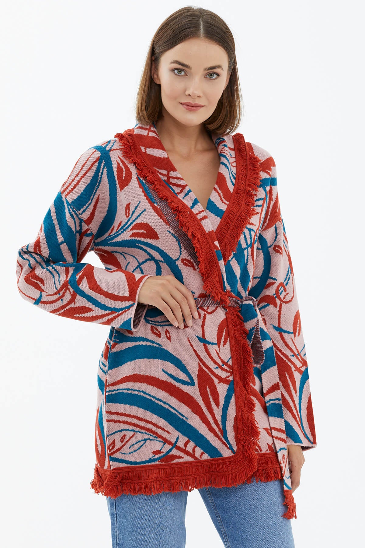 Şal Yaka Püsküllü Kemerli Çizgili Triko Hırka - Somon (1) Sementa