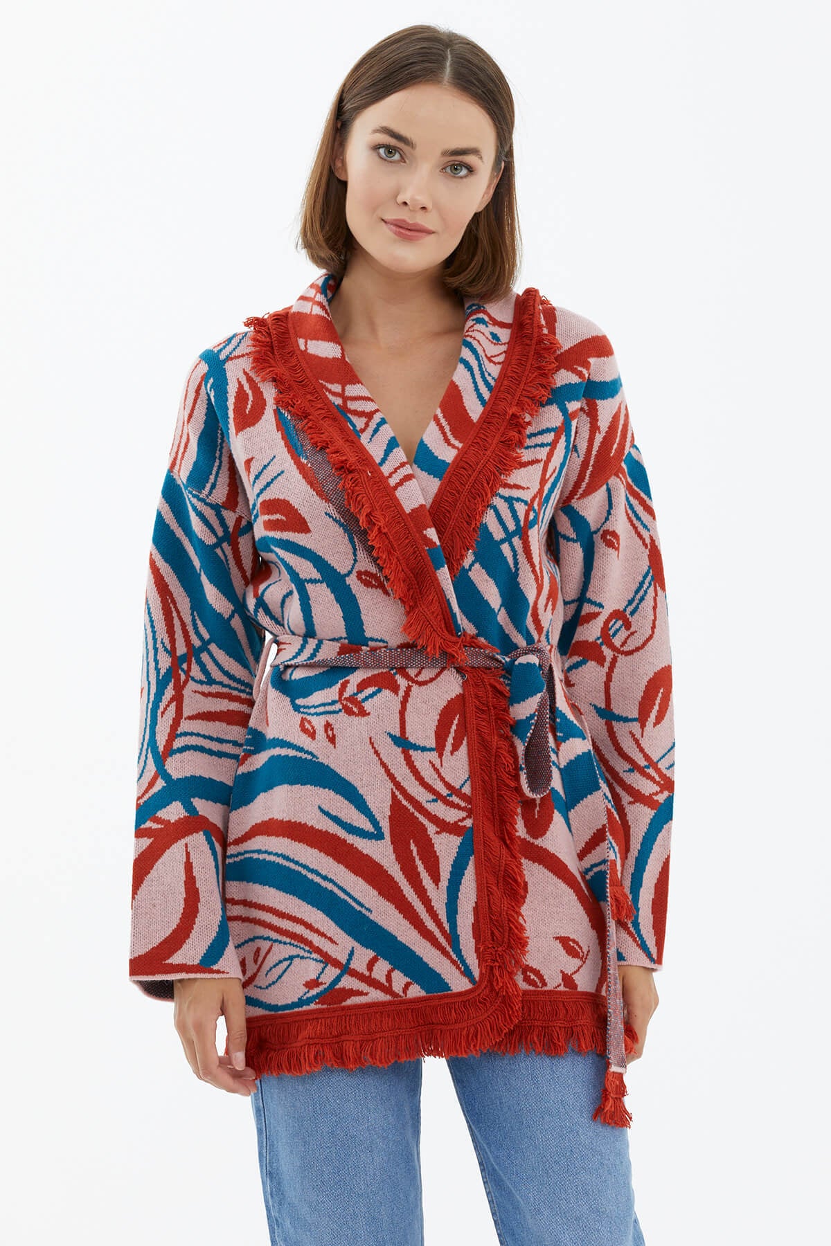 Şal Yaka Püsküllü Kemerli Çizgili Triko Hırka - Somon (2) Sementa