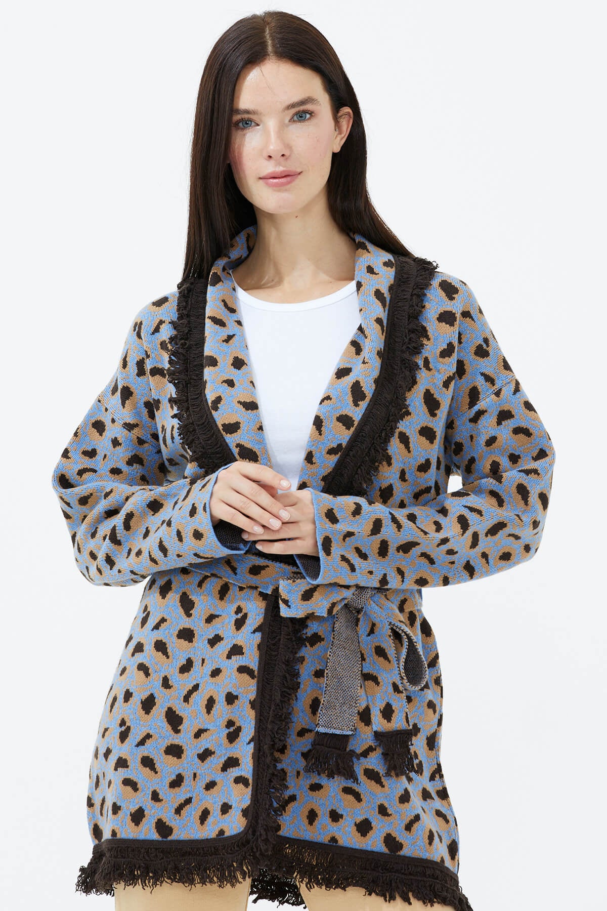 Şal Yaka Püsküllü Kemerli Leopar Desenli Triko Hırka - Mavi (2) Sementa