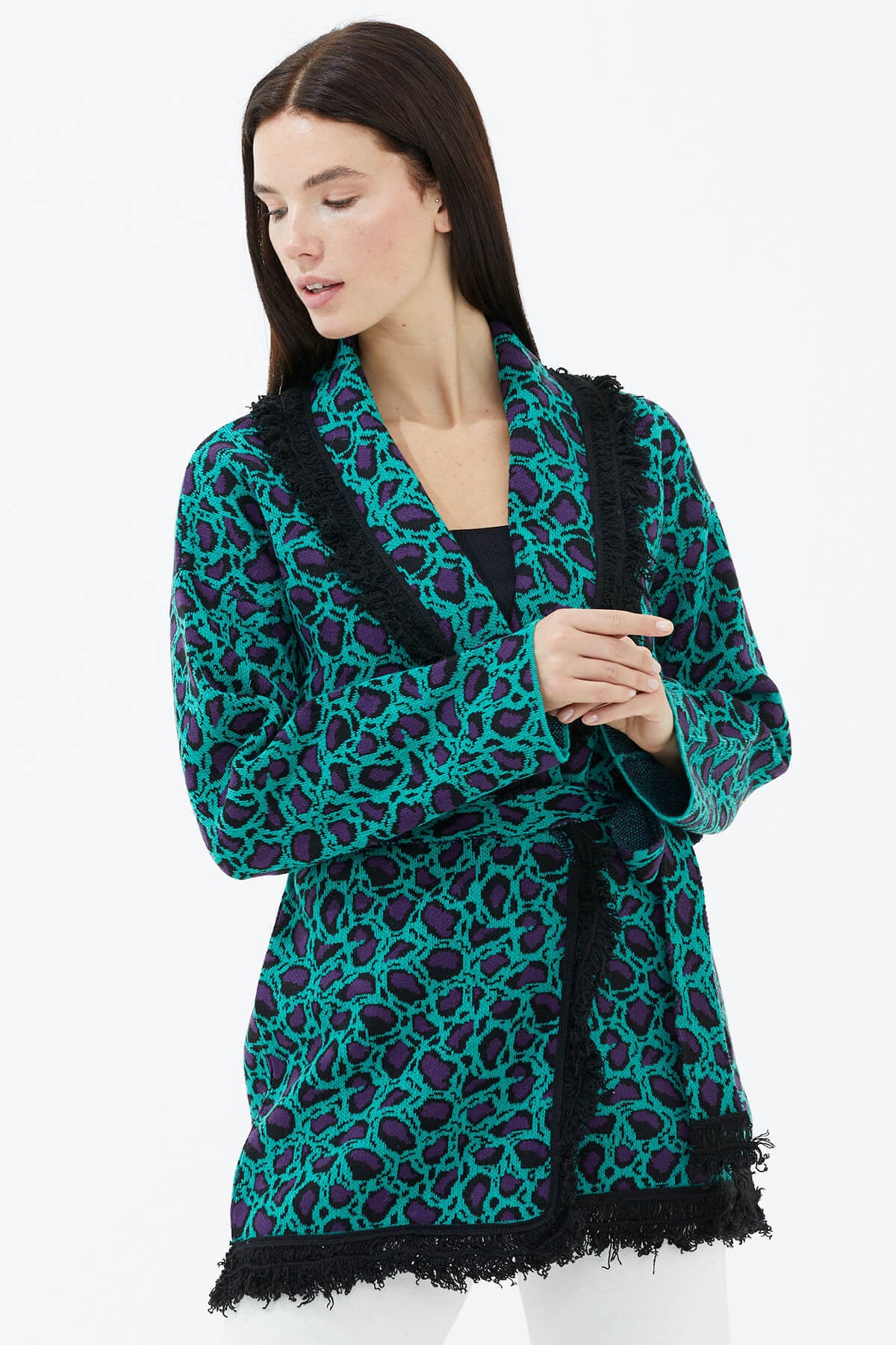 Şal Yaka Püsküllü Kemerli Leopar Desenli Triko Hırka - Yeşil (2) Sementa