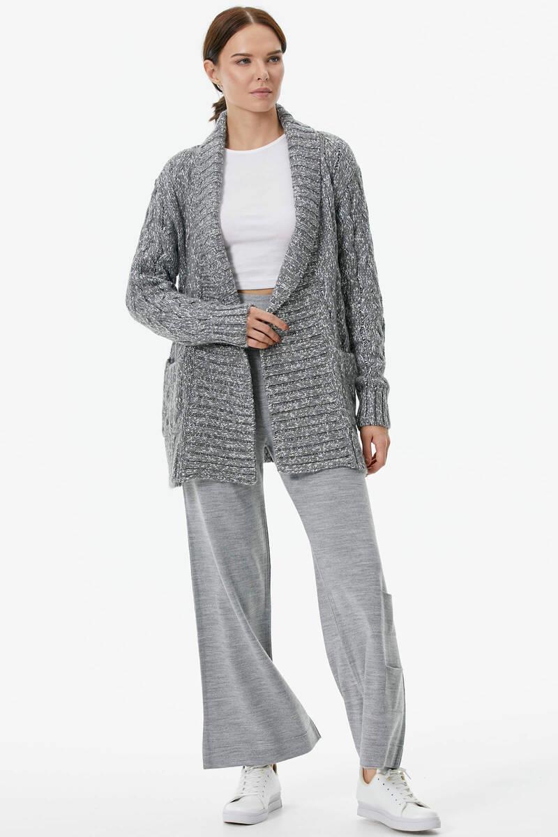 Şal Yaka Saç Örgülü Kırçıllı Triko Hırka - Gri (1) Sementa