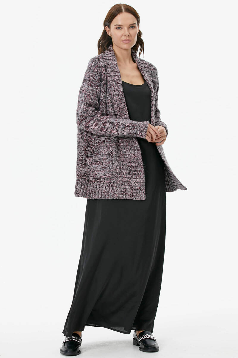 Şal Yaka Saç Örgülü Kırçıllı Triko Hırka - Gül (2) Sementa