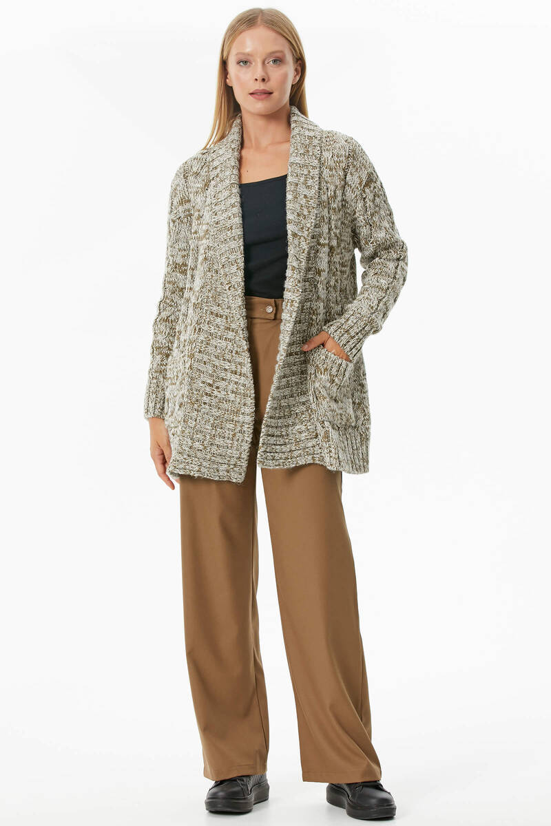 Şal Yaka Saç Örgülü Kırçıllı Triko Hırka - Haki (1) Sementa