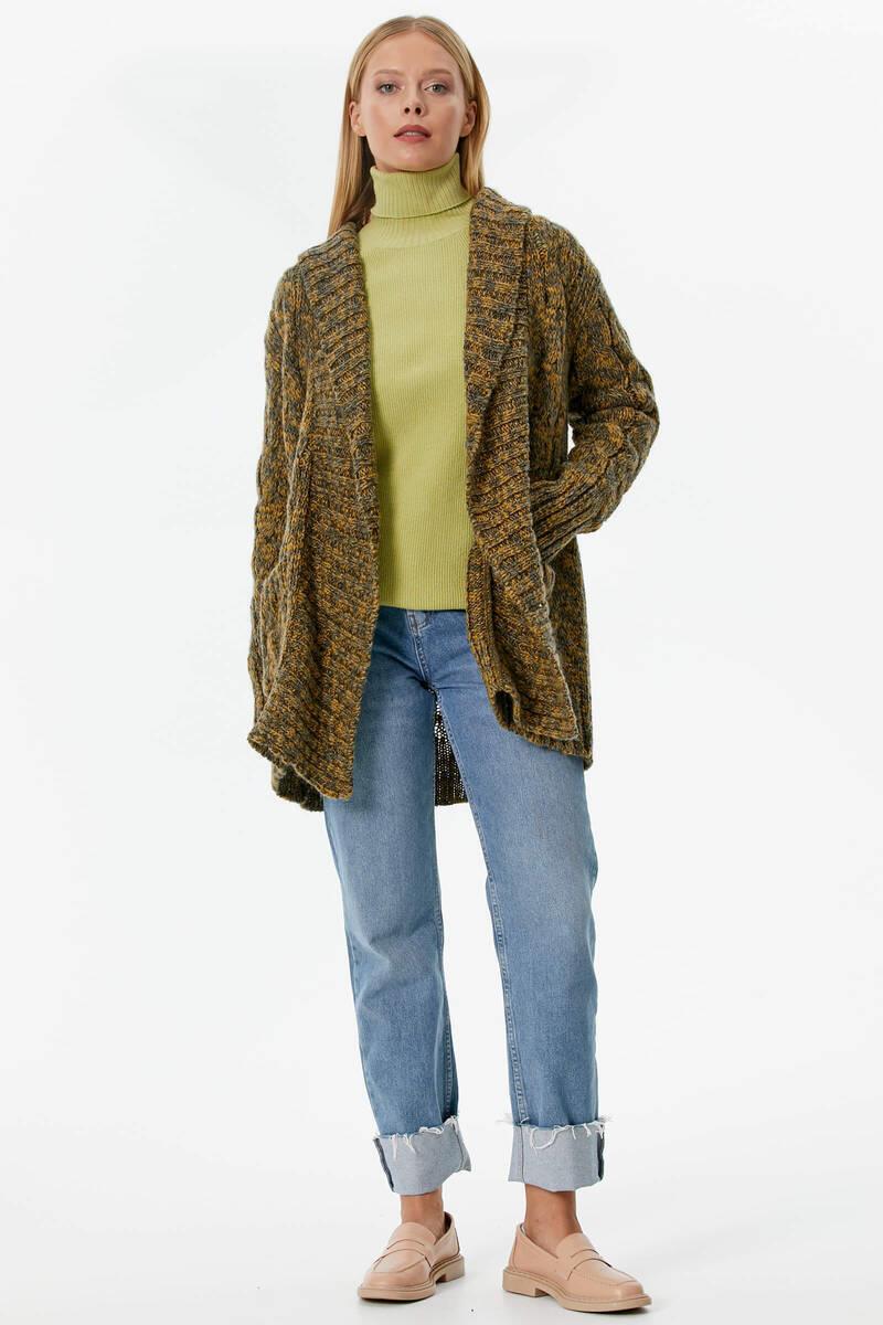 Şal Yaka Saç Örgülü Kırçıllı Triko Hırka - Hardal (1) Sementa