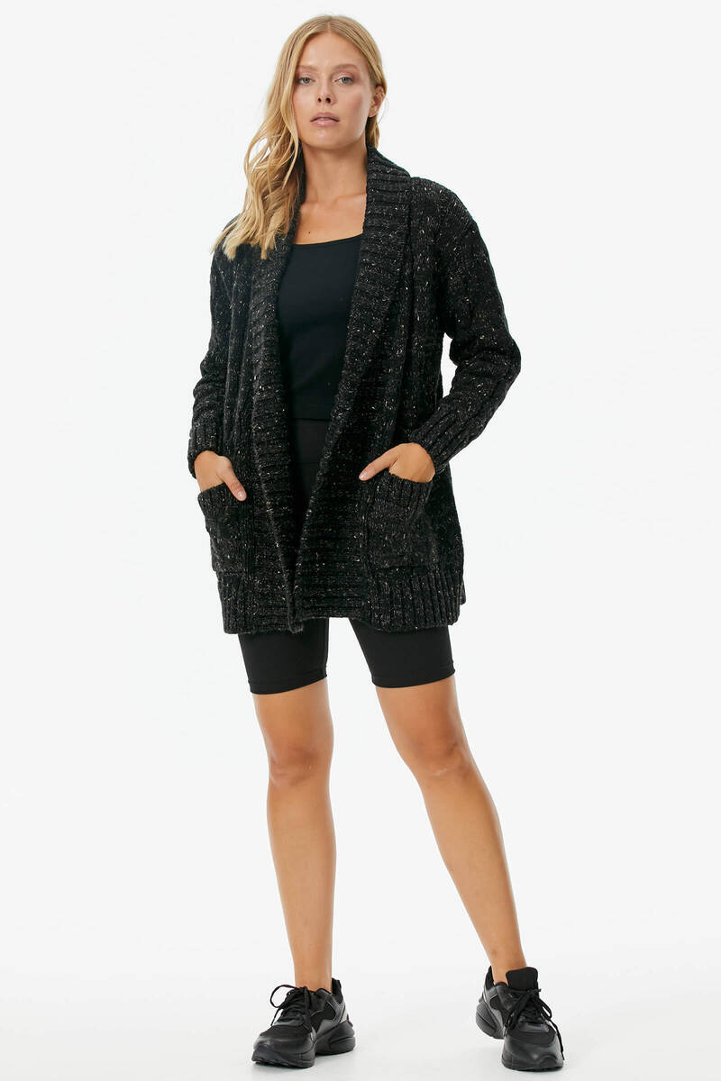 Şal Yaka Saç Örgülü Kırçıllı Triko Hırka - Siyah (1) Sementa