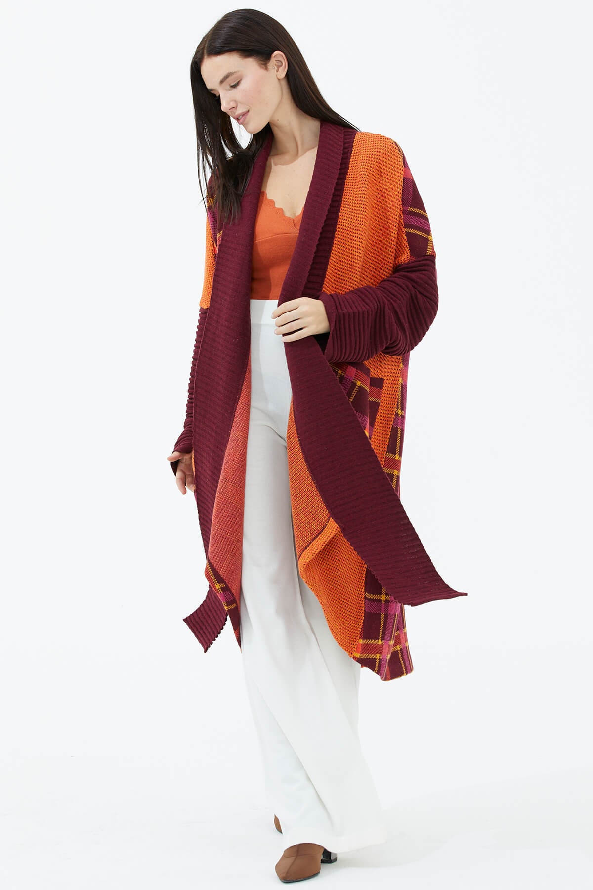 Şal Yaka Uzun Triko Hırka - Bordo (1) Sementa