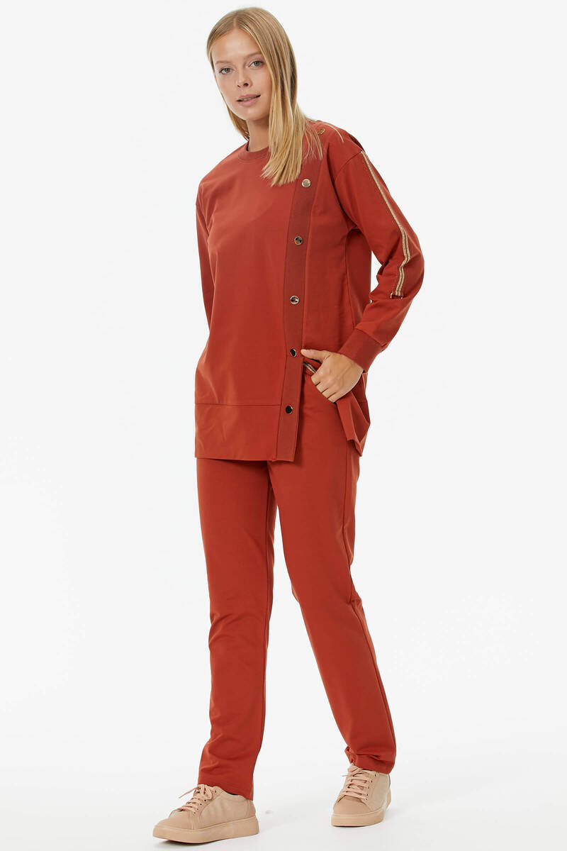 Sıfır Yaka Asimetrik Kapamalı Eşofman Takım - Kiremit (1) Sementa