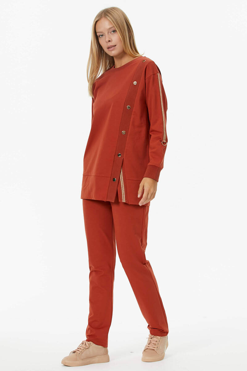 Sıfır Yaka Asimetrik Kapamalı Eşofman Takım - Kiremit (2) Sementa