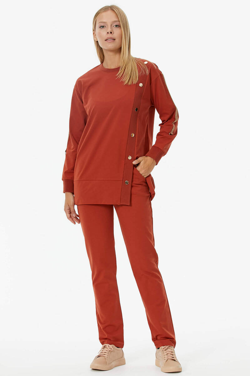 Sıfır Yaka Asimetrik Kapamalı Eşofman Takım - Kiremit (3) Sementa