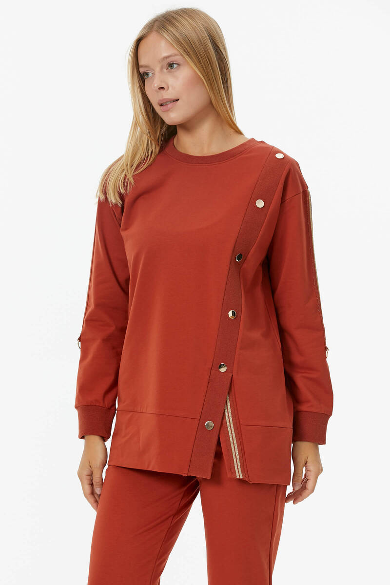 Sıfır Yaka Asimetrik Kapamalı Eşofman Takım - Kiremit (4) Sementa