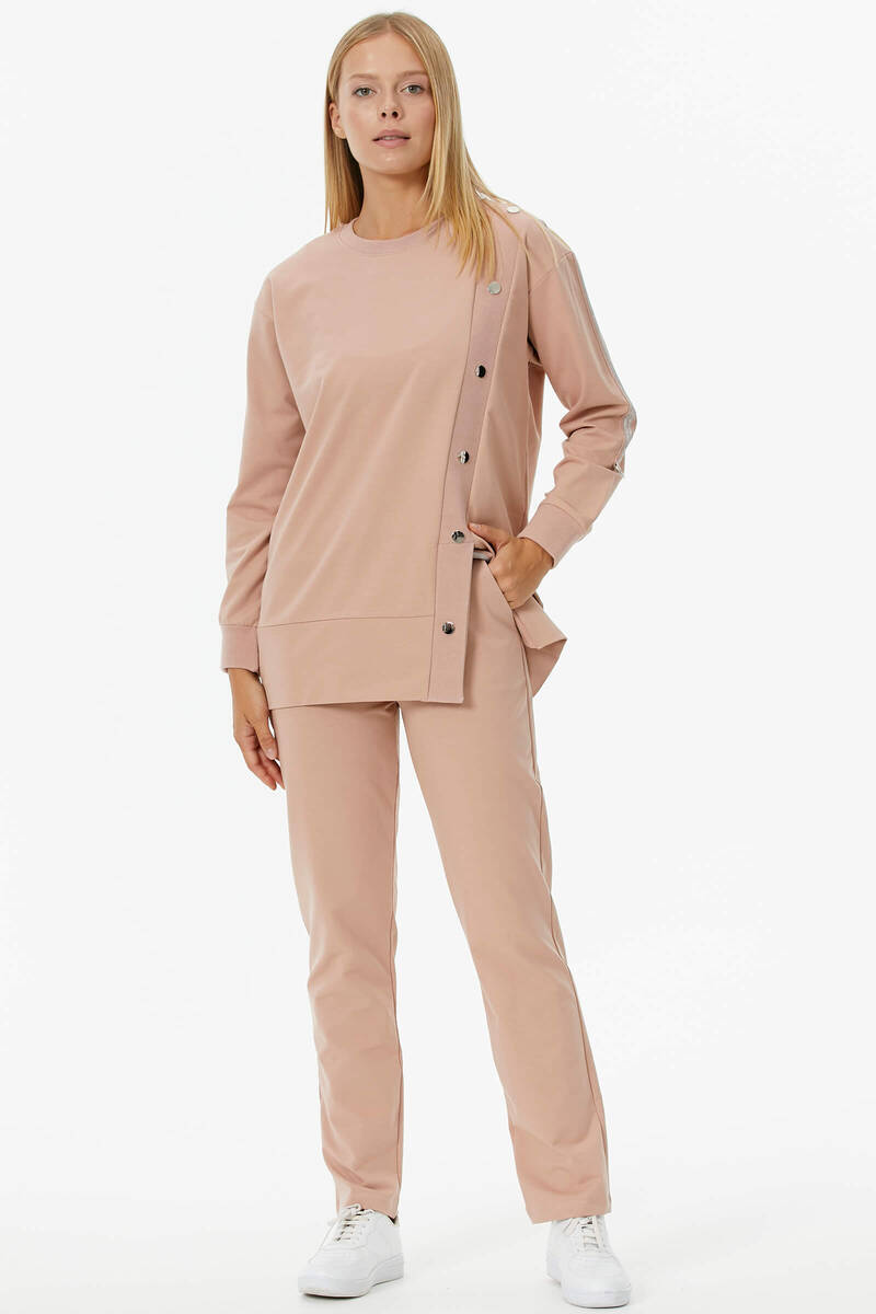 Sıfır Yaka Asimetrik Kapamalı Eşofman Takım - Pudra (1) Sementa