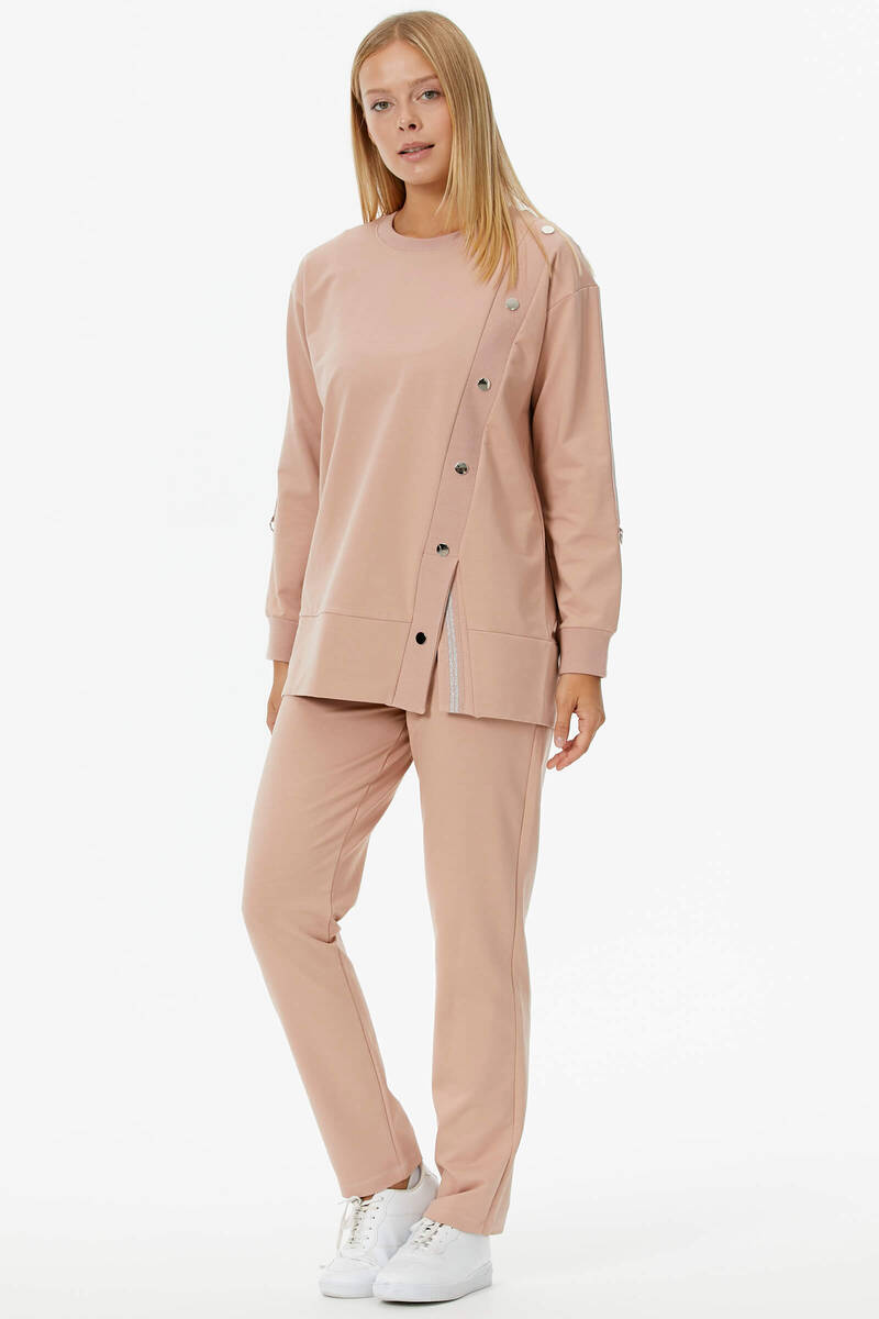 Sıfır Yaka Asimetrik Kapamalı Eşofman Takım - Pudra (2) Sementa