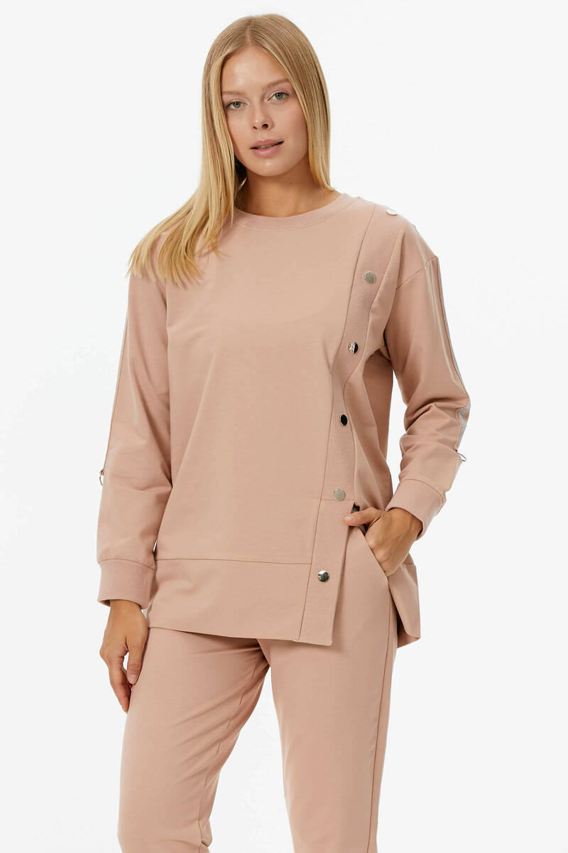 Sıfır Yaka Asimetrik Kapamalı Eşofman Takım - Pudra (3) Sementa
