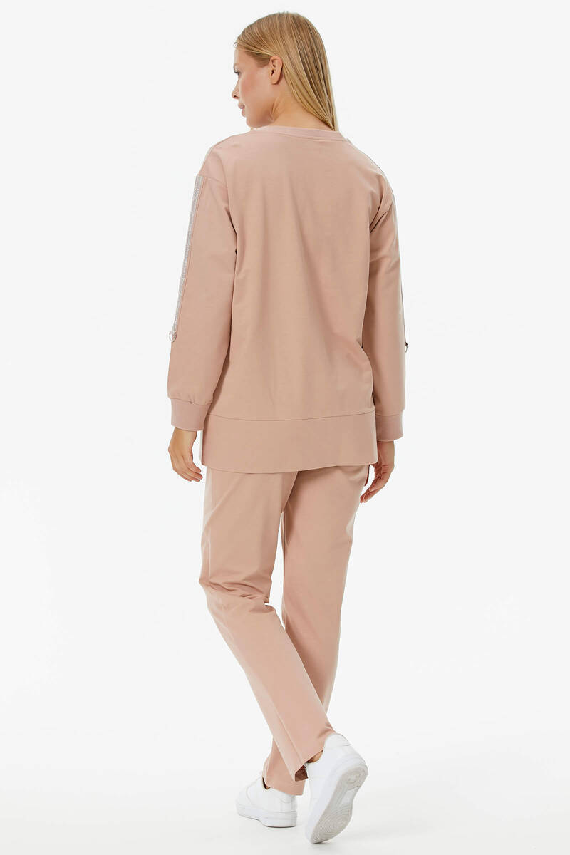 Sıfır Yaka Asimetrik Kapamalı Eşofman Takım - Pudra (4) Sementa