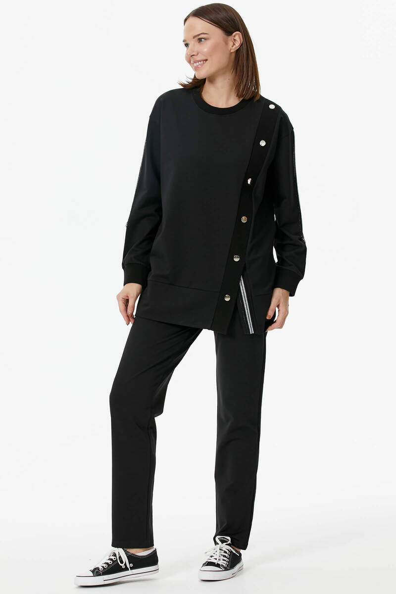 Sıfır Yaka Asimetrik Kapamalı Eşofman Takım - Siyah (1) Sementa