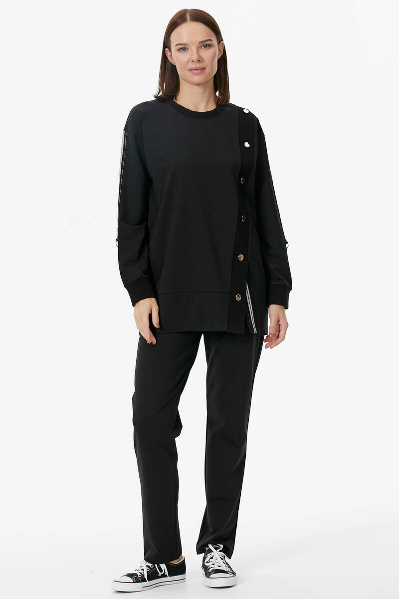 Sıfır Yaka Asimetrik Kapamalı Eşofman Takım - Siyah (2) Sementa