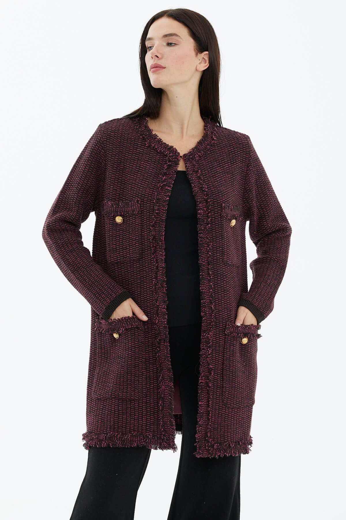 Sıfır Yaka Astarlı Triko Ceket - Kahve - Fuşya (2) Sementa