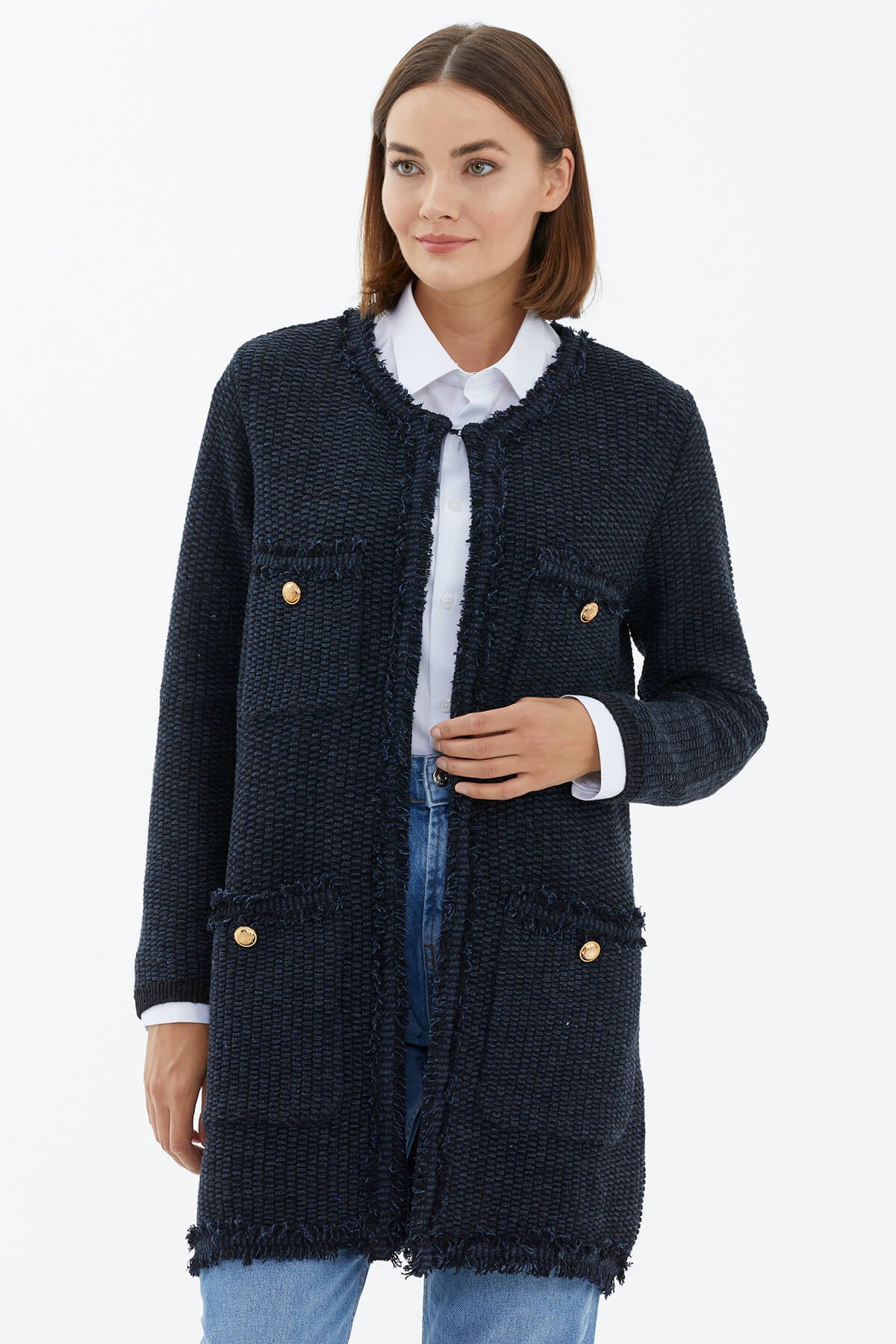 Sıfır Yaka Astarlı Triko Ceket - Lacivert - Siyah (2) Sementa