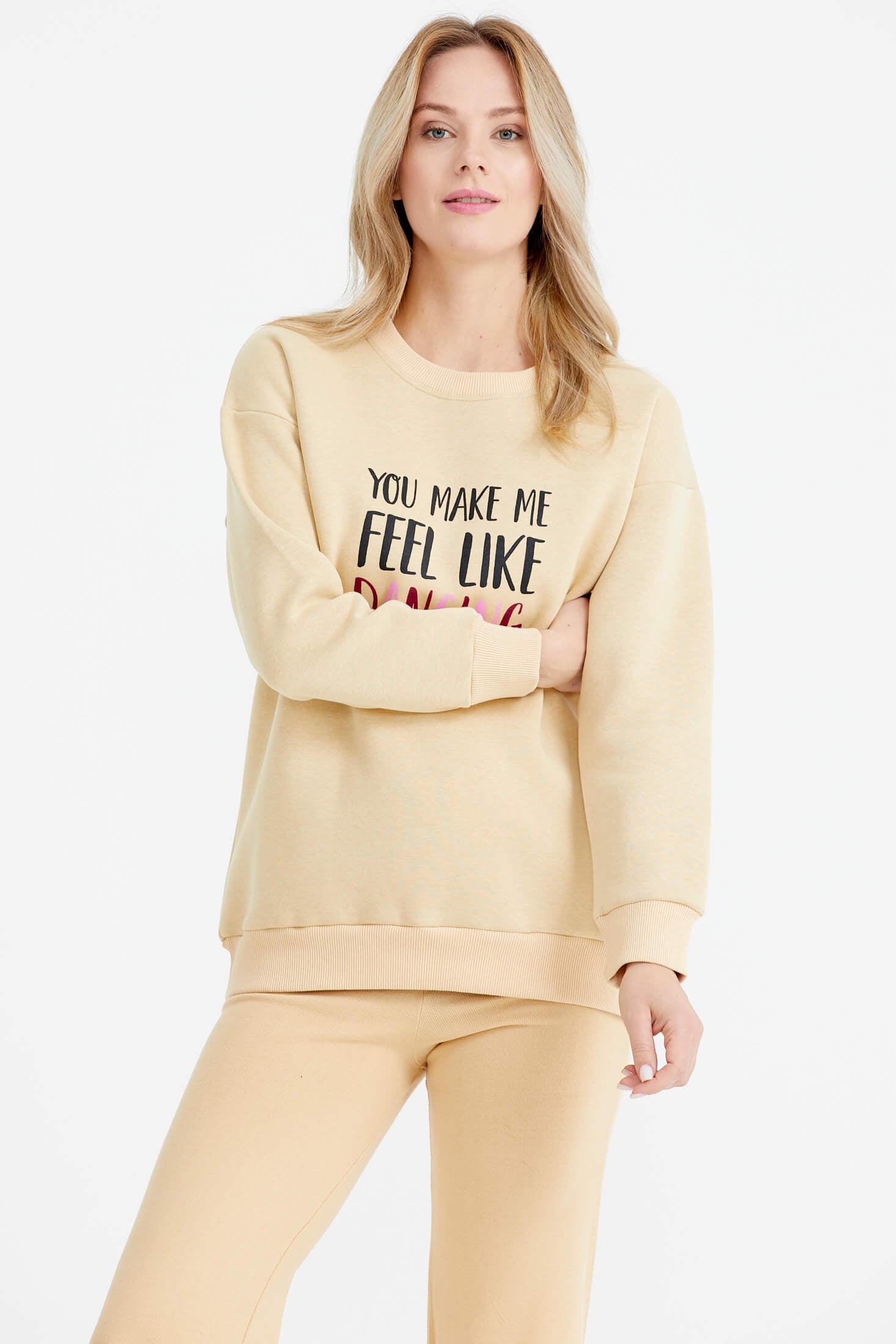 Sıfır Yaka Baskı Detaylı İçi Şardonlu Sweatshirt - Bej (1) Sementa