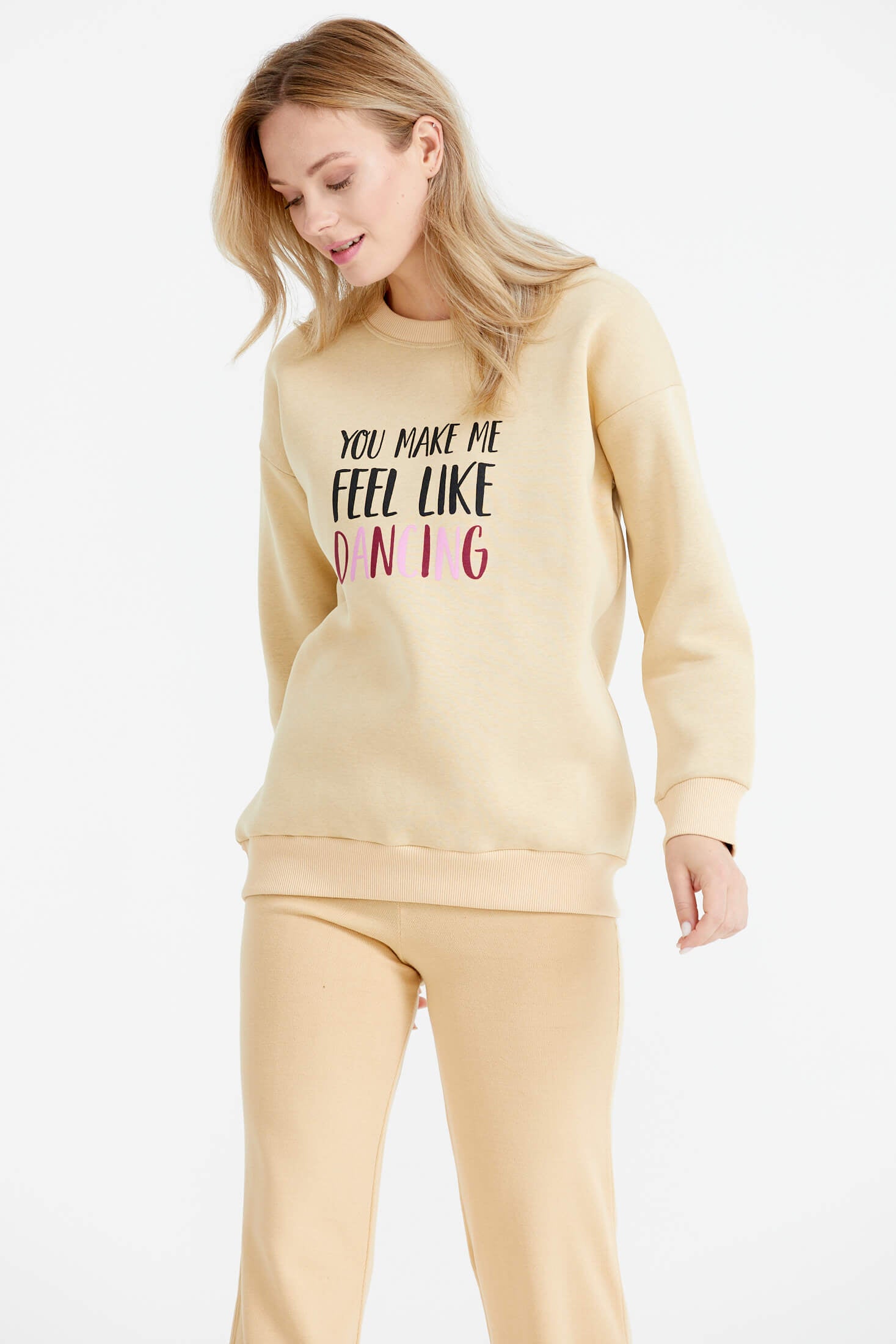 Sıfır Yaka Baskı Detaylı İçi Şardonlu Sweatshirt - Bej (2) Sementa